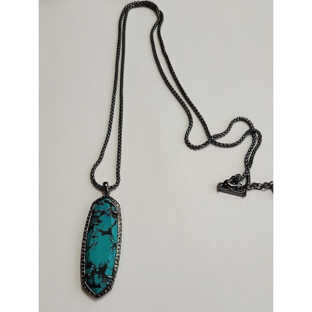 Kendra Scott Layden Gunmetal Black Variegated Teal Long Necklace Fashion Jewelry